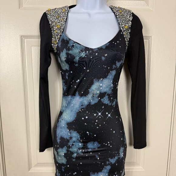 Bebe Addiction Galaxy Rhinestone Trim Mini Dress XXS BNWT - Picture 1 of 8